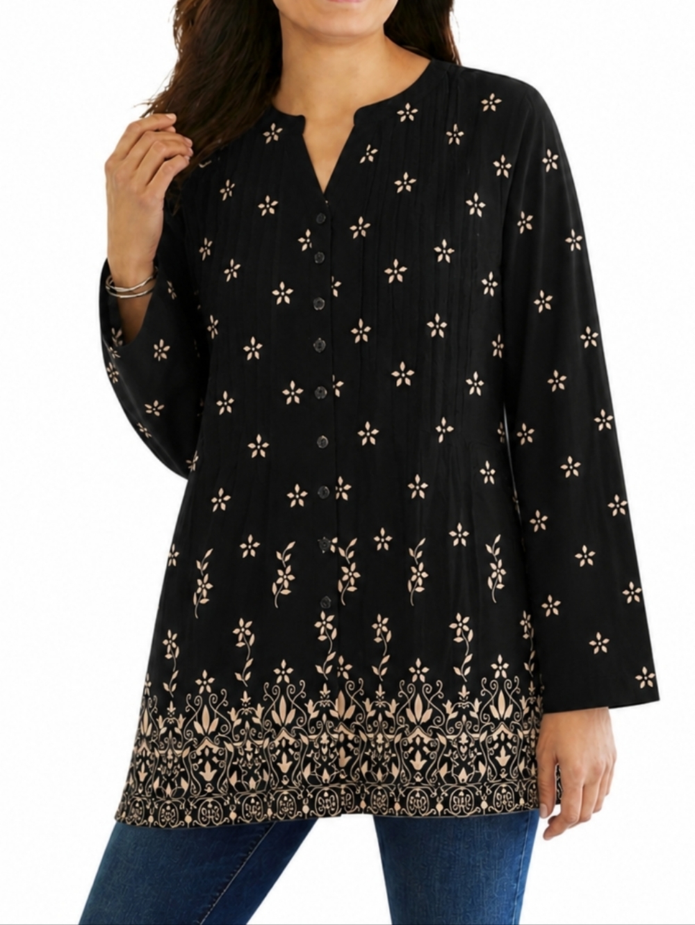 Studio C Black Floral Border Print Button Front Tunic Top Size 18/20 Boho